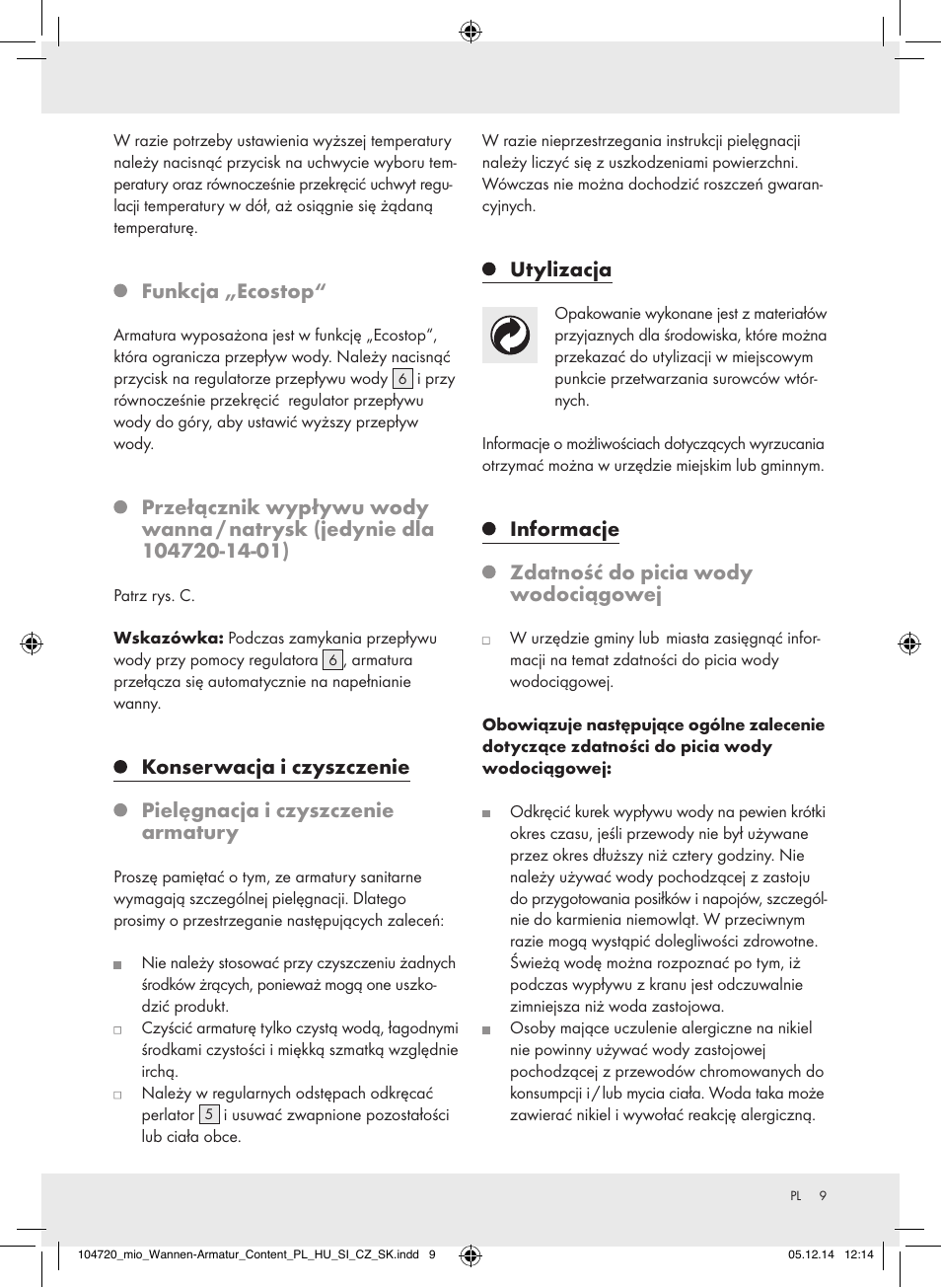 Funkcja „ecostop, Utylizacja, Informacje zdatność do picia wody wodociągowej | Miomare 104720-14-01/104720-14-02 User Manual | Page 9 / 31