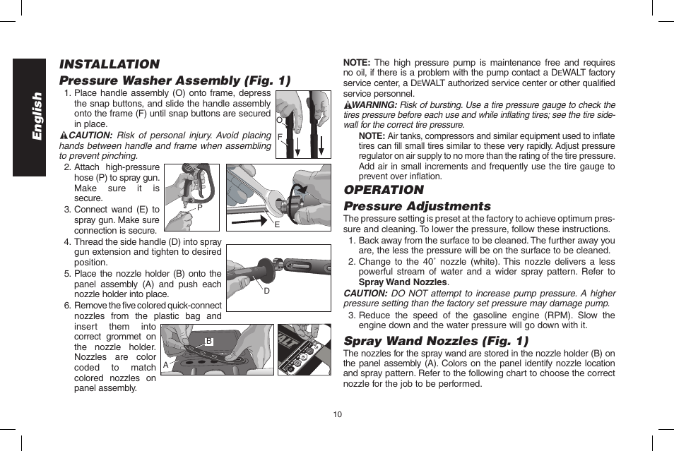 Operation pressure adjustments, Spray wand nozzles (fig. 1) | DeWalt DPD3100 User Manual | Page 10 / 68