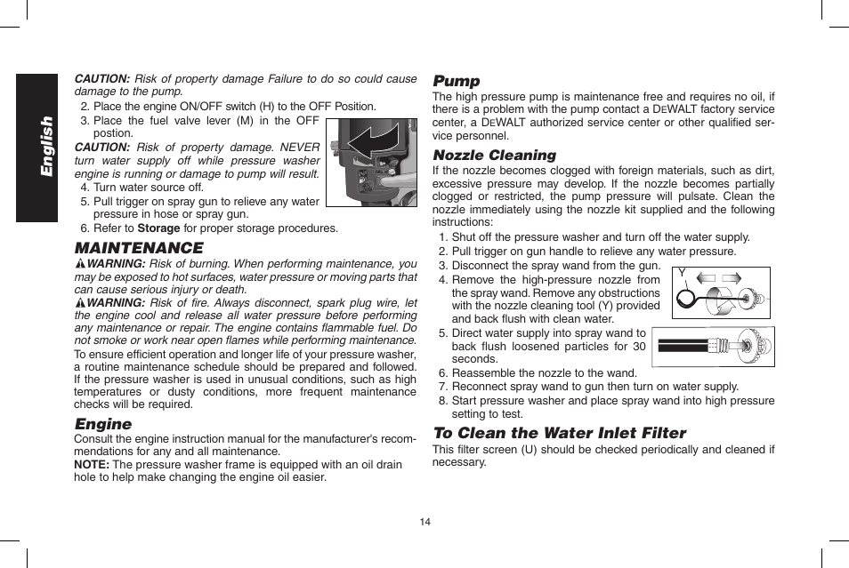 English, Maintenance, Engine | Pump | DeWalt DPD3100 User Manual | Page 14 / 68
