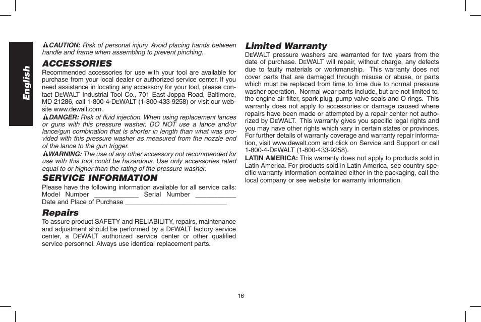 English, Accessories, Service information | Repairs, Limited warranty | DeWalt DPD3100 User Manual | Page 16 / 68