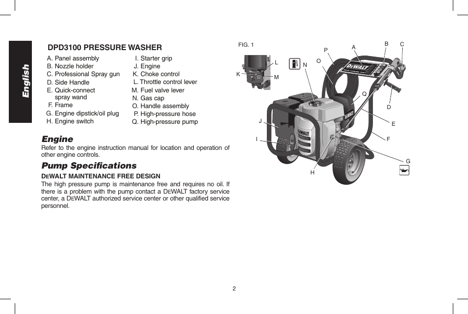 English, Engine, Pump specifications | DeWalt DPD3100 User Manual | Page 2 / 68