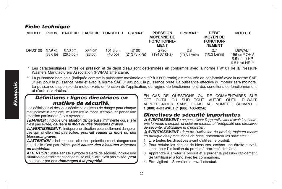 Français, Directives de sécurité importantes, Fiche technique | DeWalt DPD3100 User Manual | Page 22 / 68