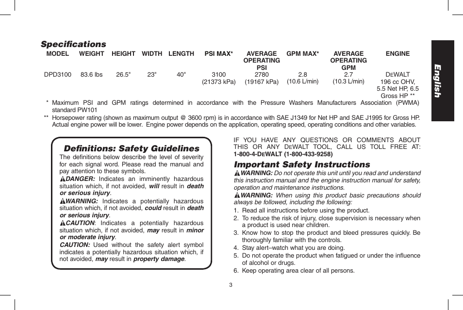 English, Important safety instructions, Definitions: safety guidelines | Specifications | DeWalt DPD3100 User Manual | Page 3 / 68