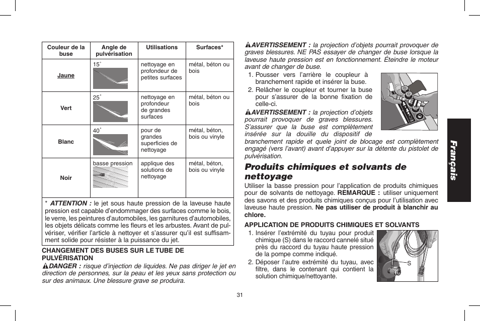 Français, Produits chimiques et solvants de nettoyage | DeWalt DPD3100 User Manual | Page 31 / 68