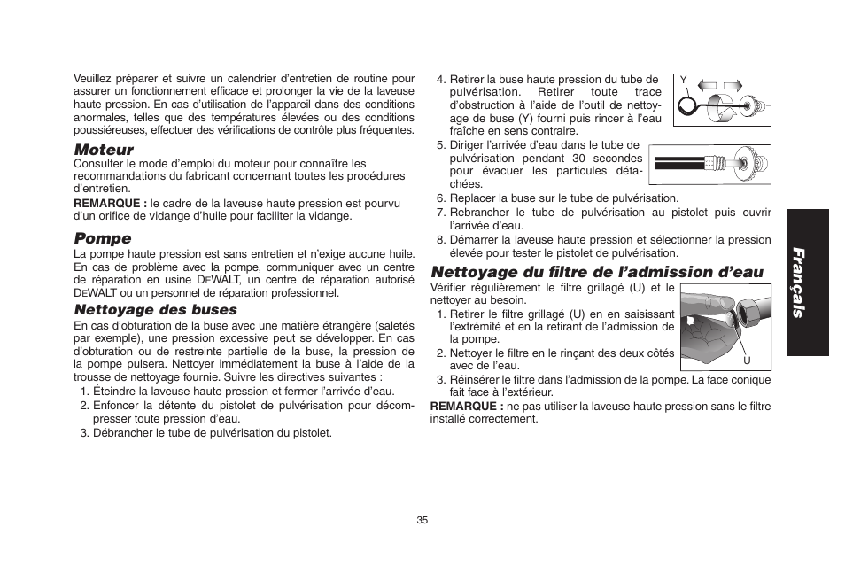 Français, Moteur, Pompe | Nettoyage du filtre de l’admission d’eau | DeWalt DPD3100 User Manual | Page 35 / 68