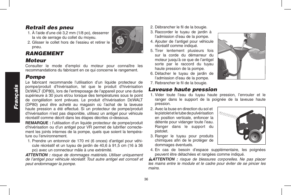 Français, Retrait des pneu, Rangement moteur | Pompe, Laveuse haute pression | DeWalt DPD3100 User Manual | Page 36 / 68