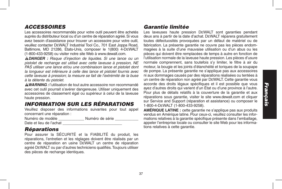 Français, Accessoires, Information sur les réparations | Réparations, Garantie limitée | DeWalt DPD3100 User Manual | Page 37 / 68
