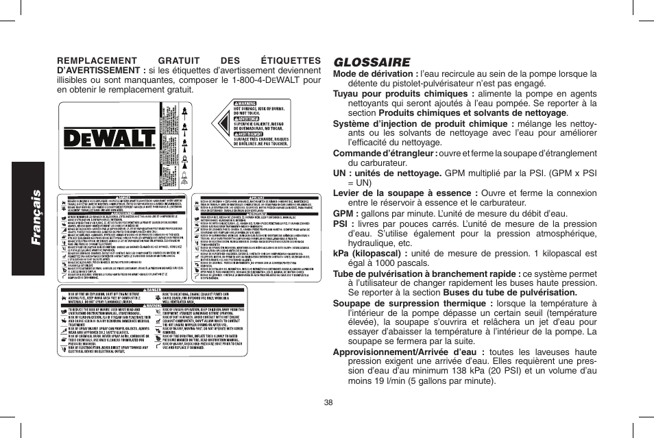 Français, Glossaire | DeWalt DPD3100 User Manual | Page 38 / 68