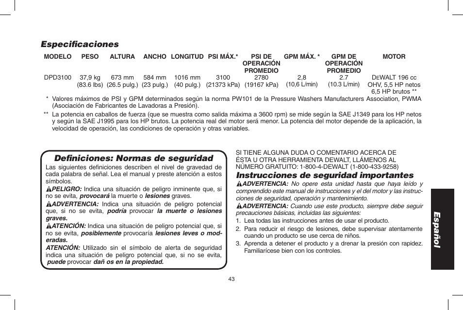 Español, Definiciones: normas de seguridad, Instrucciones de seguridad importantes | Especificaciones | DeWalt DPD3100 User Manual | Page 43 / 68