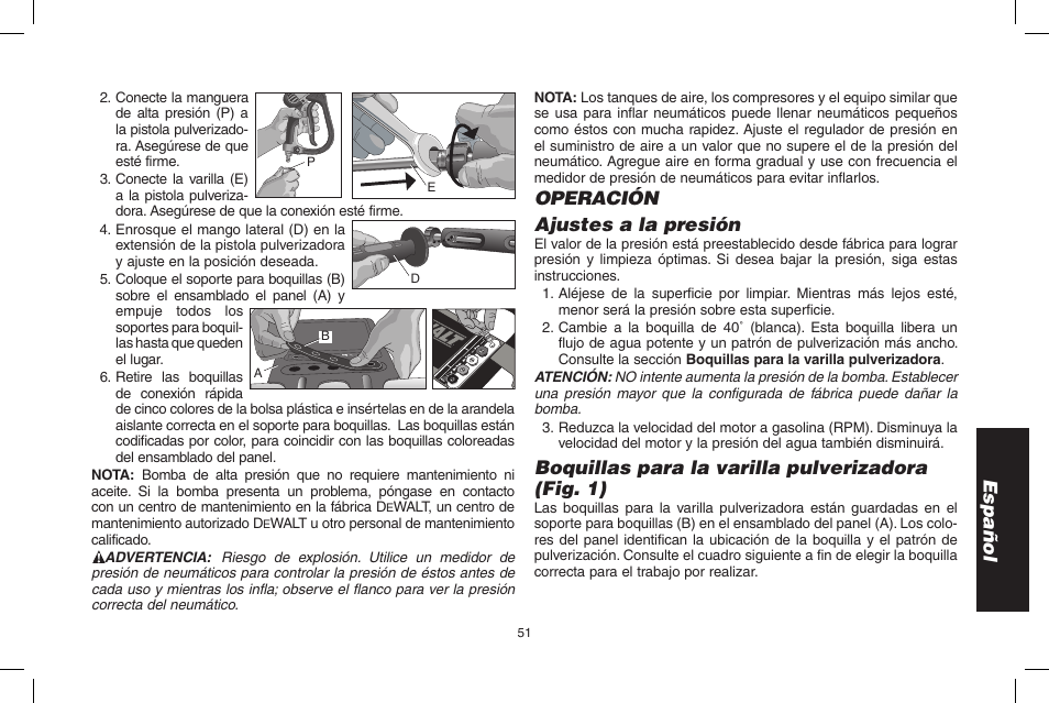 Español, Operación ajustes a la presión, Boquillas para la varilla pulverizadora (fig. 1) | DeWalt DPD3100 User Manual | Page 51 / 68