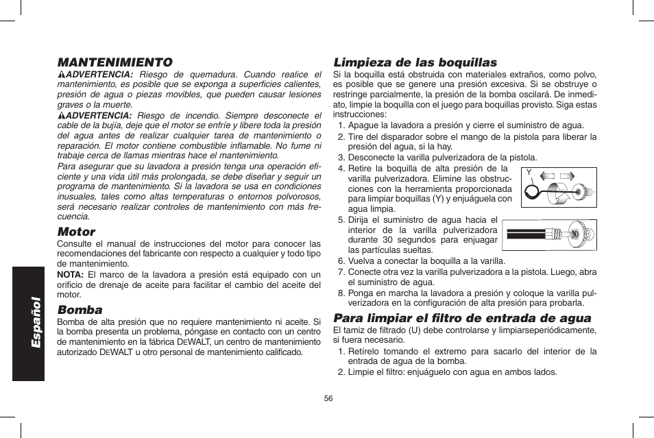 Español, Mantenimiento, Motor | Bomba, Limpieza de las boquillas, Para limpiar el filtro de entrada de agua | DeWalt DPD3100 User Manual | Page 56 / 68