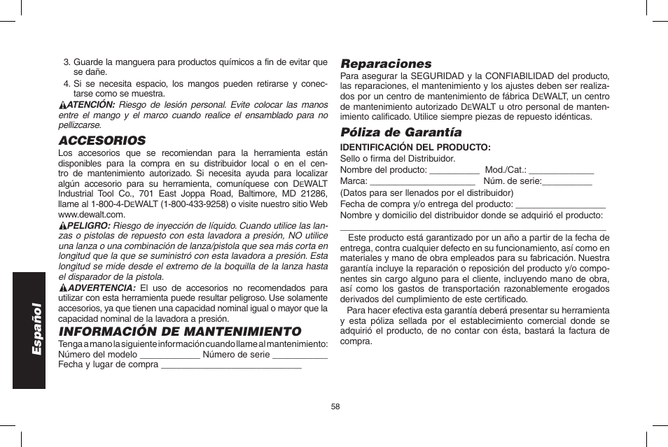 Español, Accesorios, Información de mantenimiento | Reparaciones, Póliza de garantía | DeWalt DPD3100 User Manual | Page 58 / 68