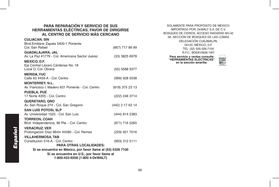 Español | DeWalt DPD3100 User Manual | Page 60 / 68