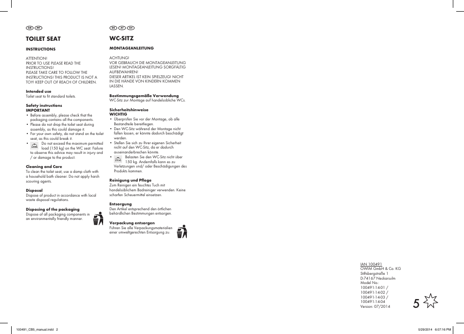 Toilet seat, Wc-sitz | Miomare 100491-14-0х User Manual | Page 2 / 2