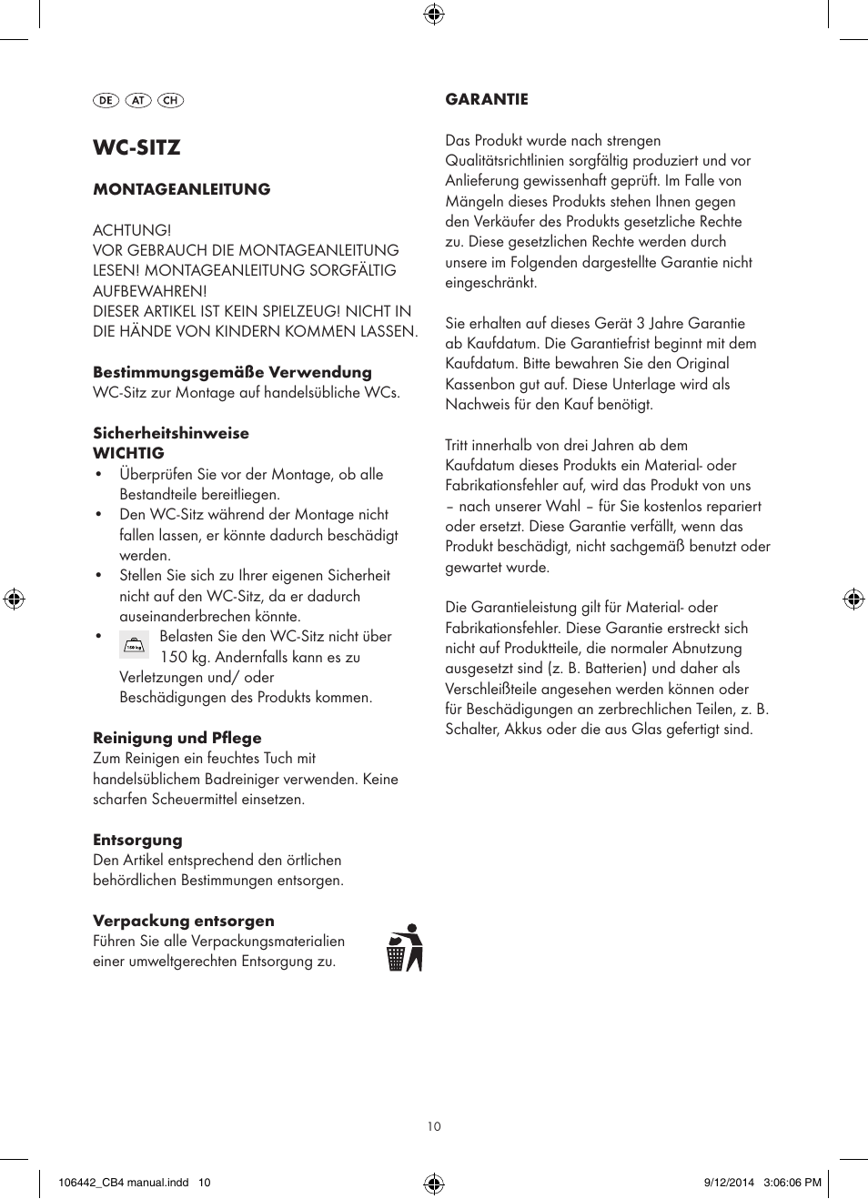 Wc-sitz | Miomare Z31849A/ Z31849B User Manual | Page 10 / 11