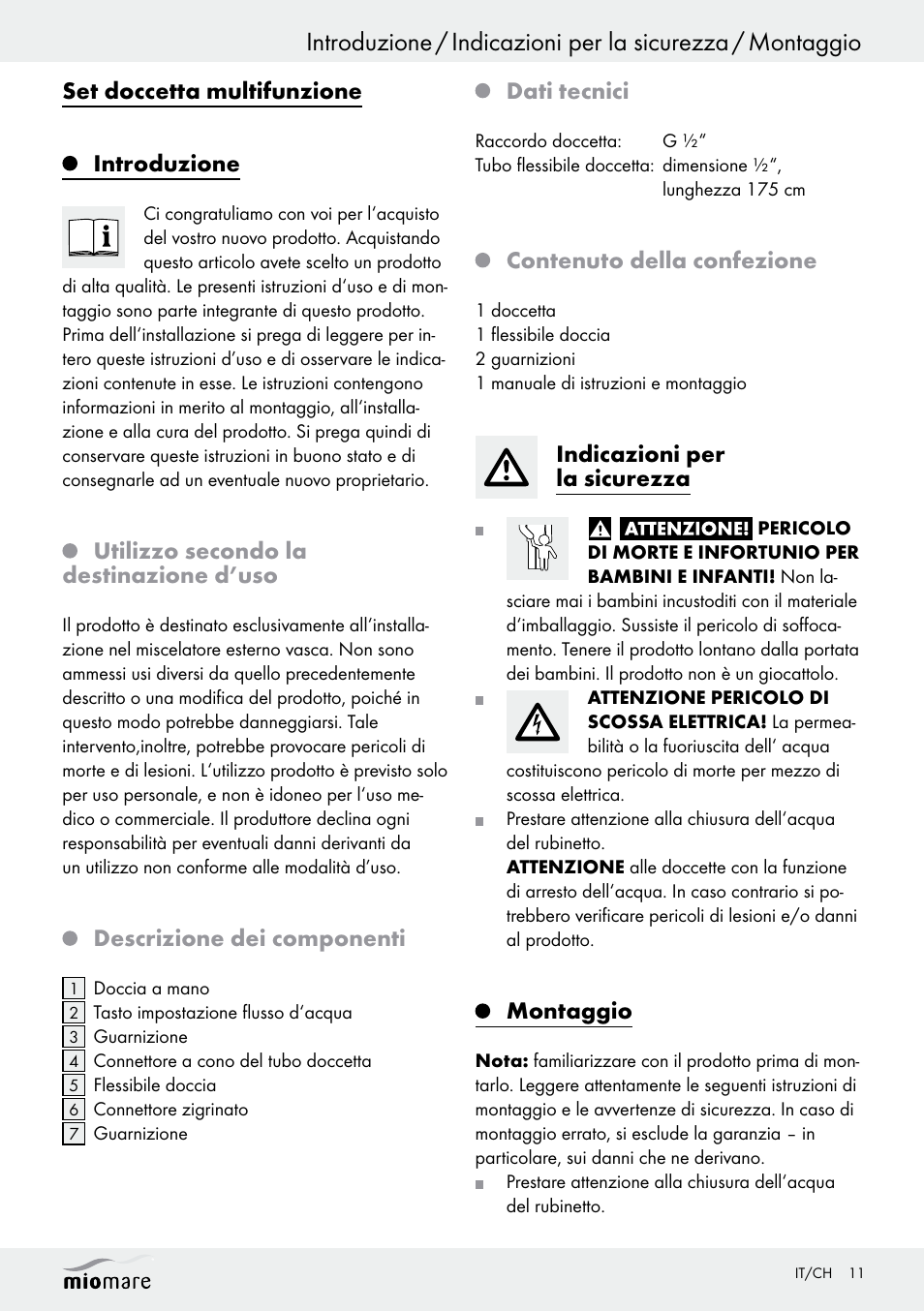 Set doccetta multifunzione introduzione, Utilizzo secondo la destinazione d’uso, Descrizione dei componenti | Dati tecnici, Contenuto della confezione, Indicazioni per la sicurezza, Montaggio | Miomare Multi-Function Shower Head Set User Manual | Page 11 / 17