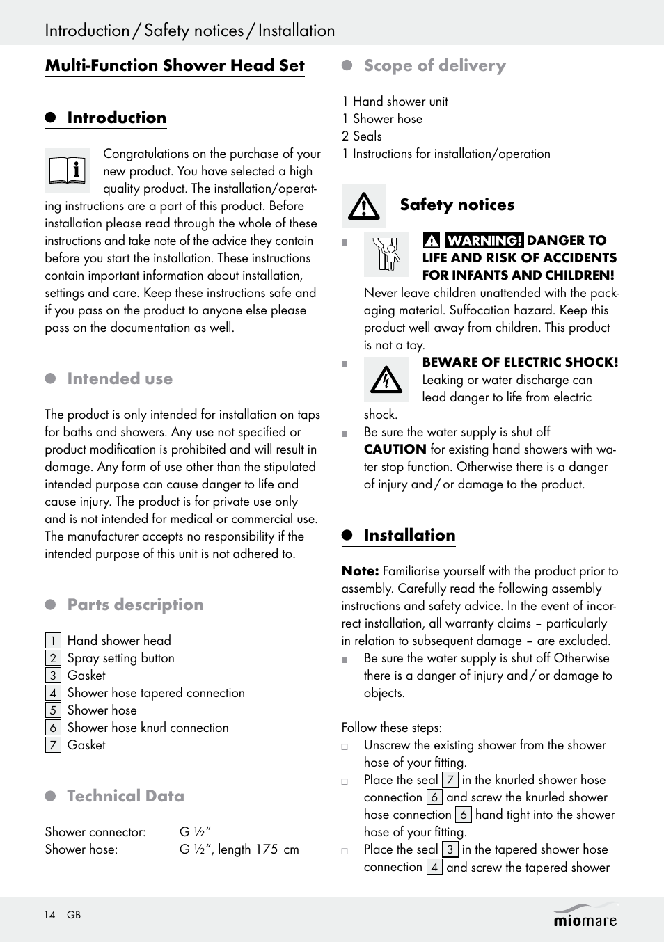 Introduction / safety notices / installation, Multi-function shower head set introduction, Intended use | Parts description, Technical data, Scope of delivery, Safety notices, Installation | Miomare Multi-Function Shower Head Set User Manual | Page 14 / 17