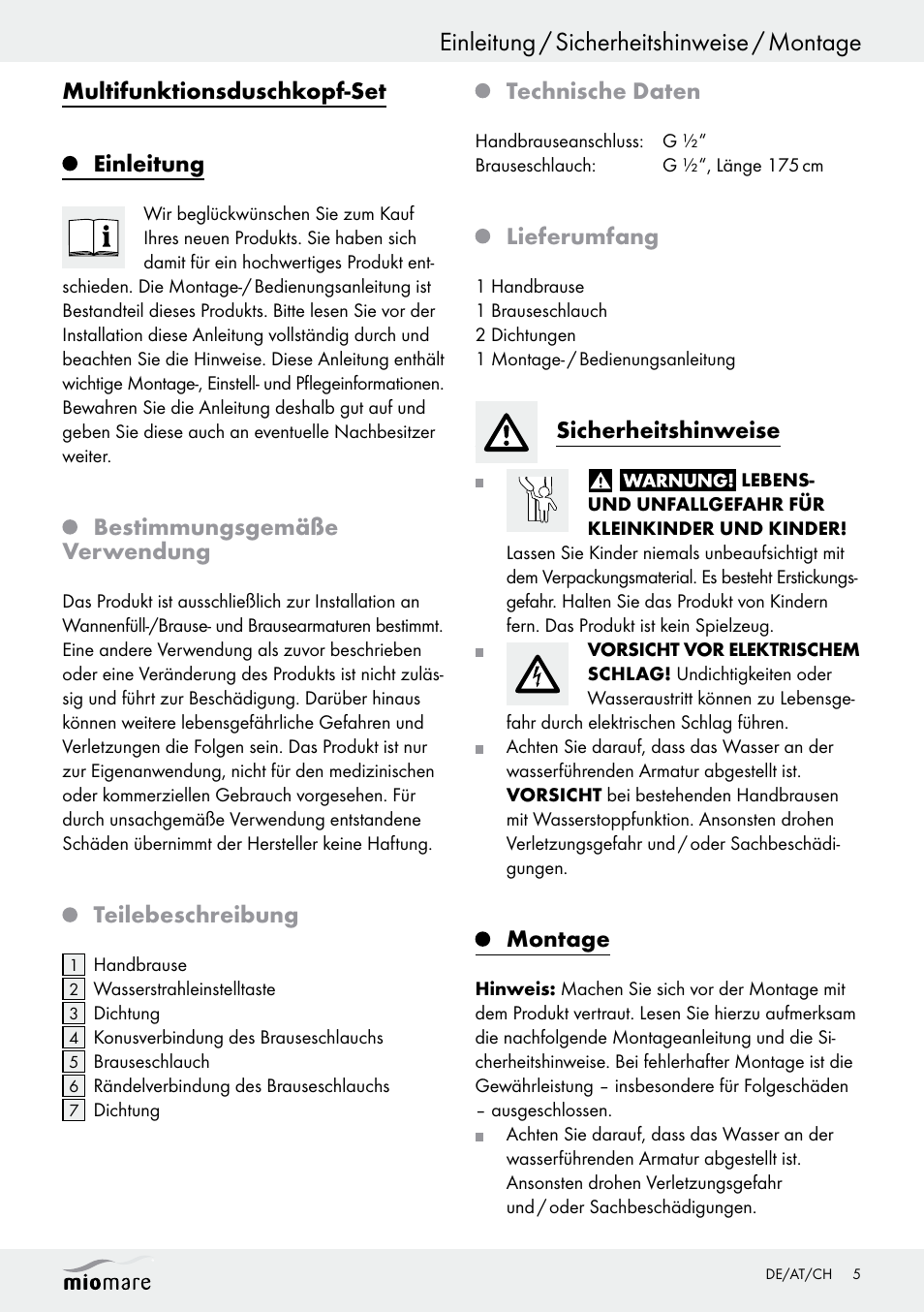 Einleitung / sicherheitshinweise / montage, Multifunktionsduschkopf-set einleitung, Bestimmungsgemäße verwendung | Teilebeschreibung, Technische daten, Lieferumfang, Sicherheitshinweise, Montage | Miomare Multi-Function Shower Head Set User Manual | Page 5 / 17