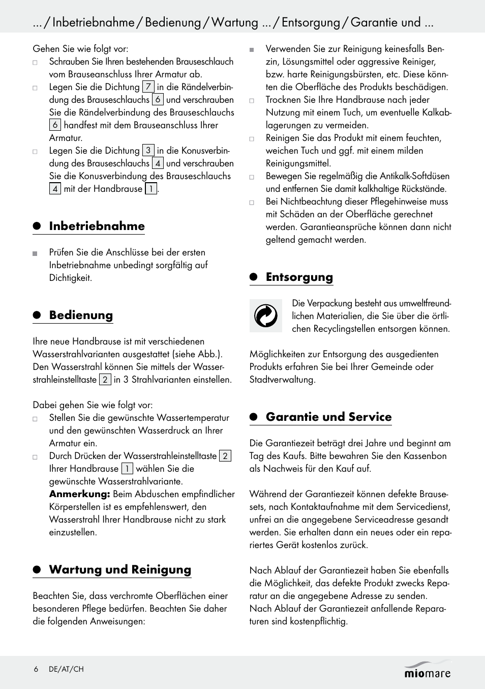 Inbetriebnahme, Bedienung, Wartung und reinigung | Entsorgung, Garantie und service | Miomare Multi-Function Shower Head Set User Manual | Page 6 / 17