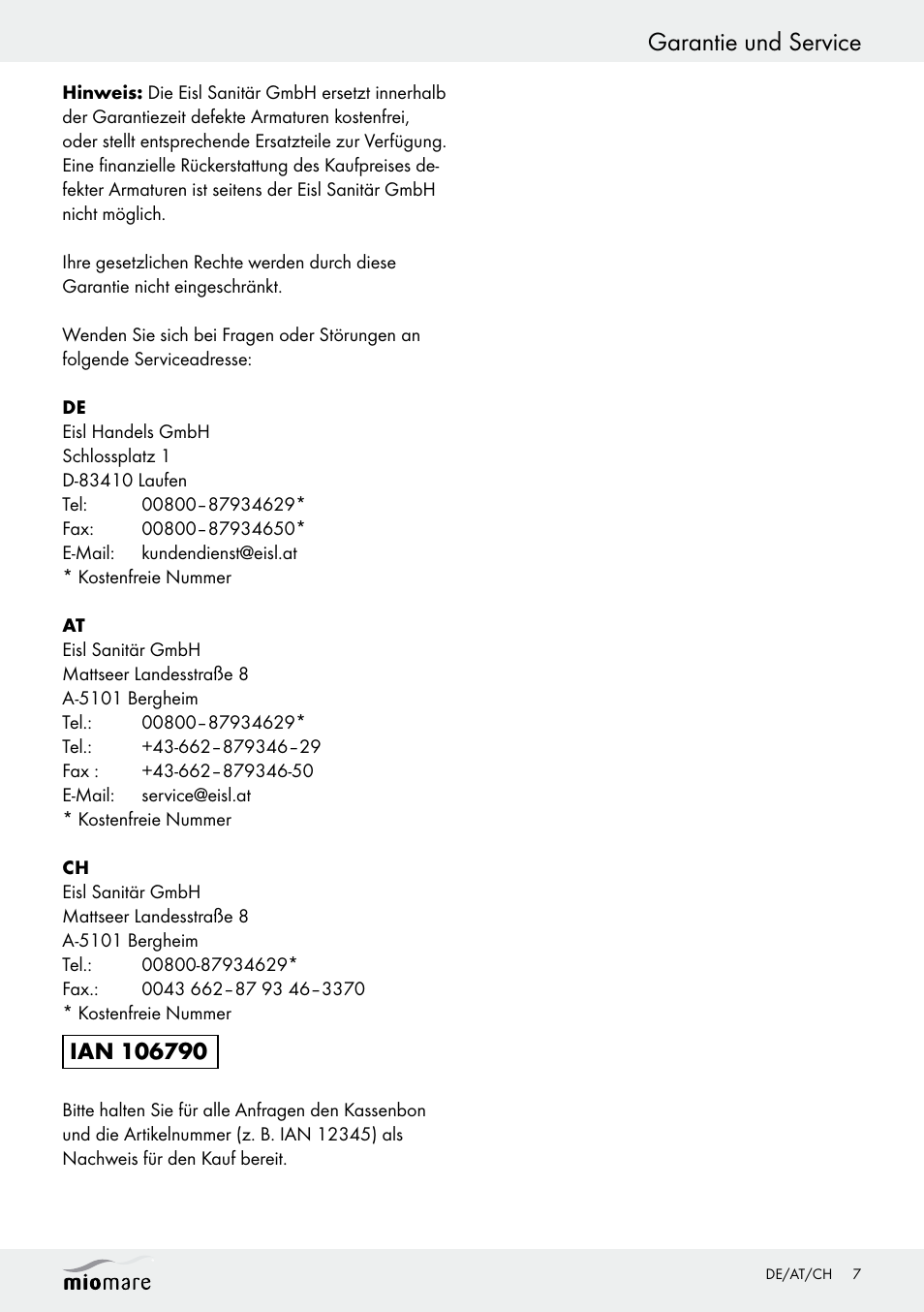 Garantie und service | Miomare Multi-Function Shower Head Set User Manual | Page 7 / 17