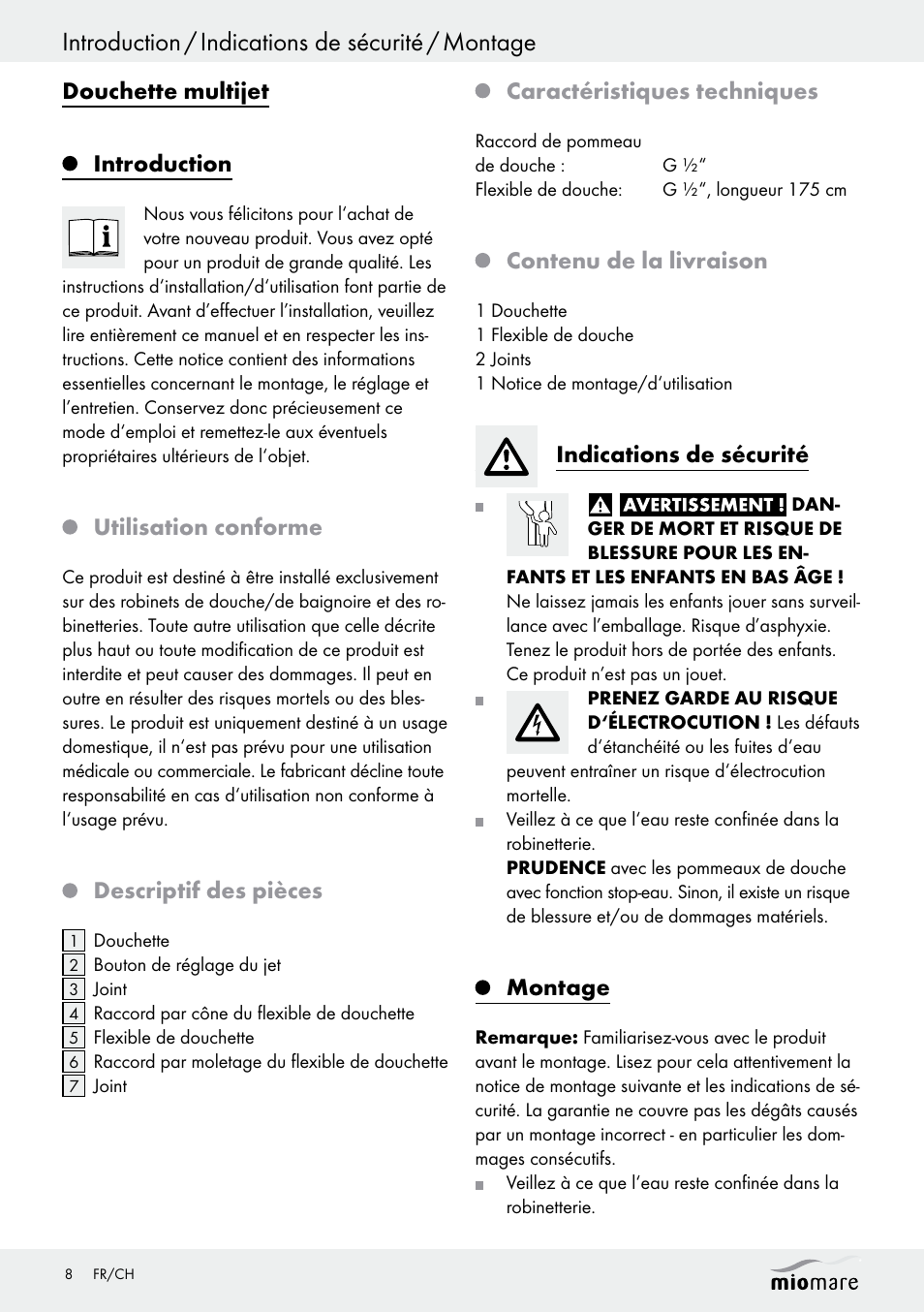 Introduction / indications de sécurité / montage, Douchette multijet introduction, Utilisation conforme | Descriptif des pièces, Caractéristiques techniques, Contenu de la livraison, Indications de sécurité, Montage | Miomare Multi-Function Shower Head Set User Manual | Page 8 / 17