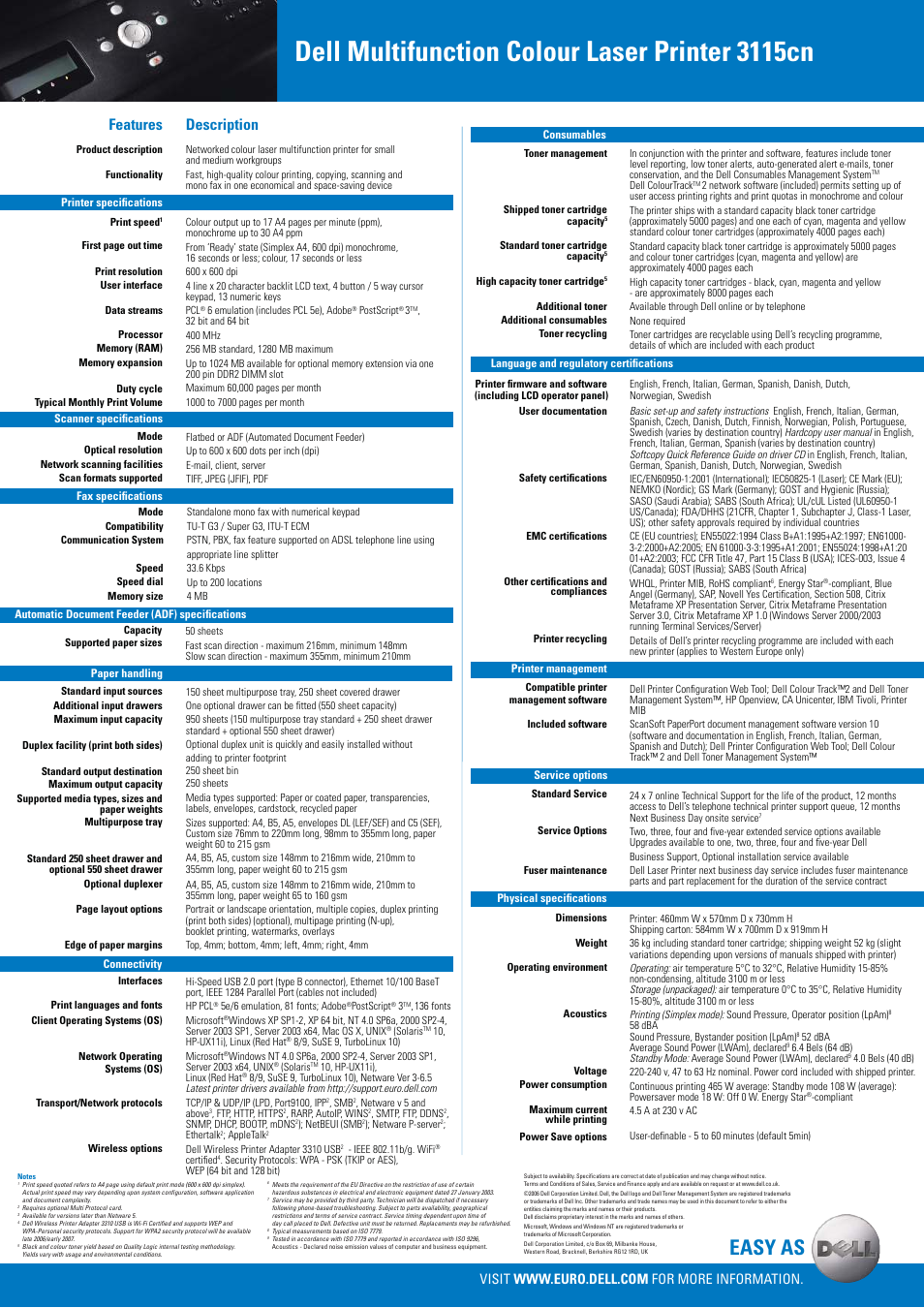 Dell multifunction colour laser printer 3115cn, Easy as, Description | Features | Dell 3115CN User Manual | Page 2 / 2