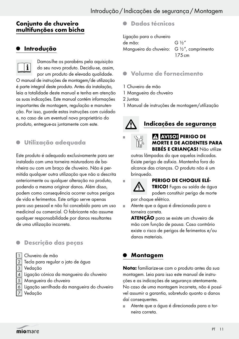 Introdução / indicações de segurança / montagem, Utilização adequada, Descrição das peças | Dados técnicos, Volume de fornecimento, Indicações de segurança, Montagem | Miomare Multi-Function Shower Head Set User Manual | Page 11 / 21