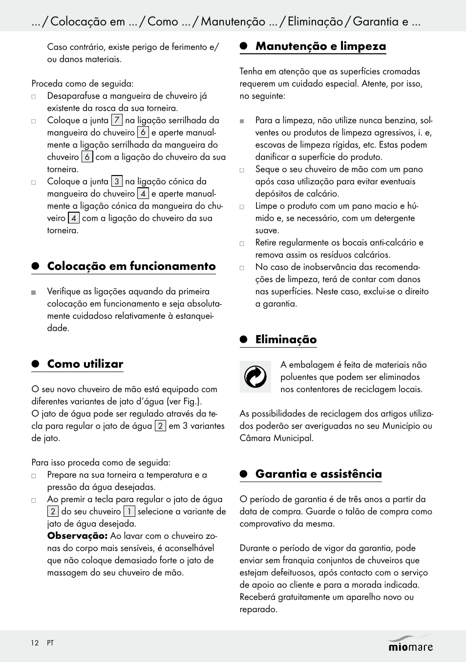 Colocação em funcionamento, Como utilizar, Manutenção e limpeza | Eliminação, Garantia e assistência | Miomare Multi-Function Shower Head Set User Manual | Page 12 / 21