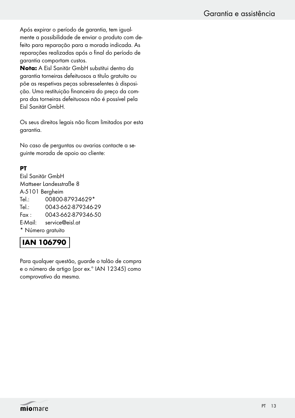 Garantia e assistência | Miomare Multi-Function Shower Head Set User Manual | Page 13 / 21