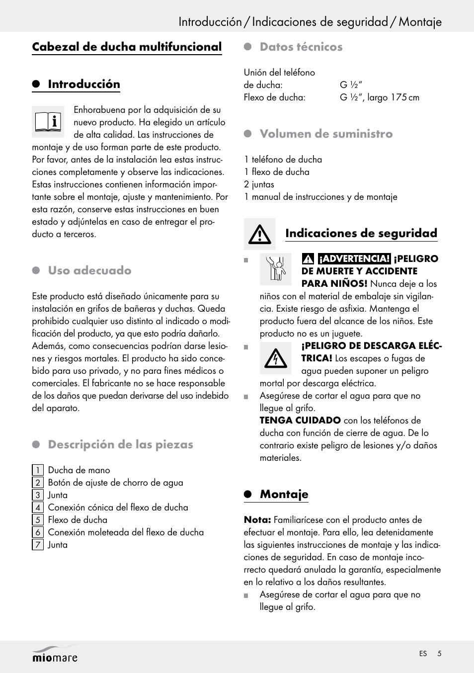 Introducción / indicaciones de seguridad / montaje, Cabezal de ducha multifuncional introducción, Uso adecuado | Descripción de las piezas, Datos técnicos, Volumen de suministro, Indicaciones de seguridad, Montaje | Miomare Multi-Function Shower Head Set User Manual | Page 5 / 21