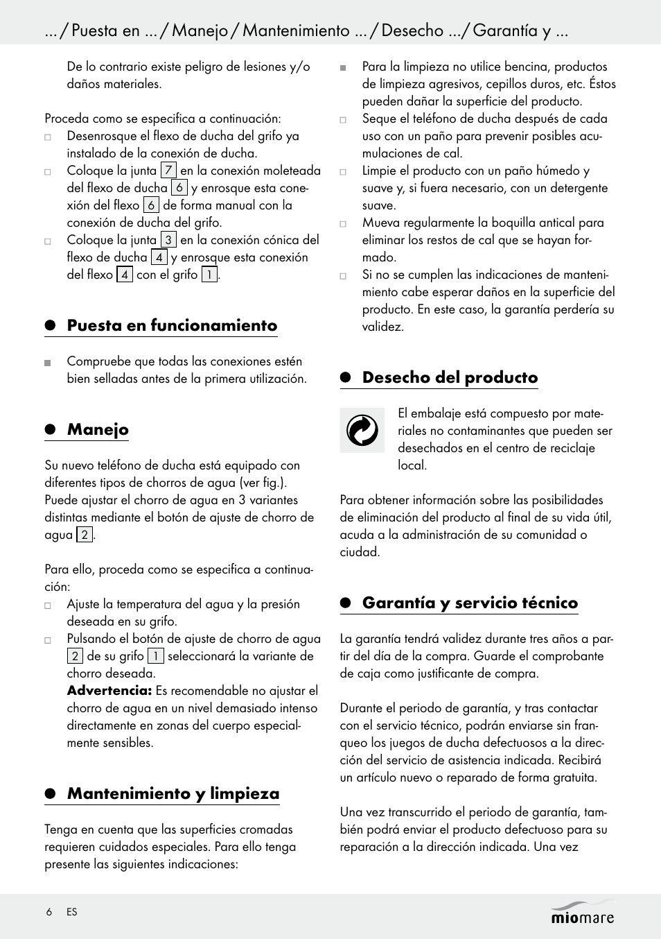 Puesta en funcionamiento, Manejo, Mantenimiento y limpieza | Desecho del producto, Garantía y servicio técnico | Miomare Multi-Function Shower Head Set User Manual | Page 6 / 21