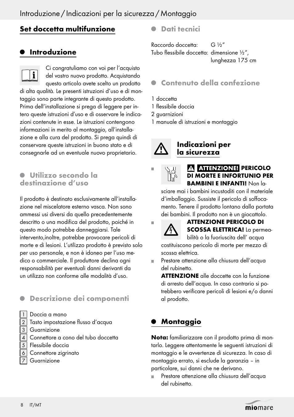 Set doccetta multifunzione introduzione, Utilizzo secondo la destinazione d’uso, Descrizione dei componenti | Dati tecnici, Contenuto della confezione, Indicazioni per la sicurezza, Montaggio | Miomare Multi-Function Shower Head Set User Manual | Page 8 / 21