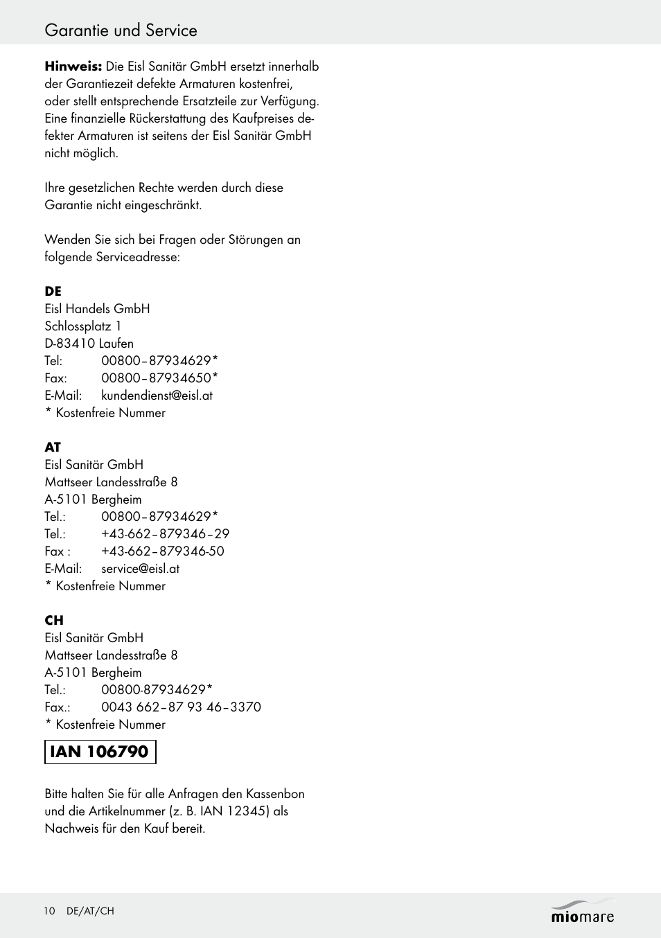 Garantie und service | Miomare Multi-Function Shower Head Set User Manual | Page 10 / 14