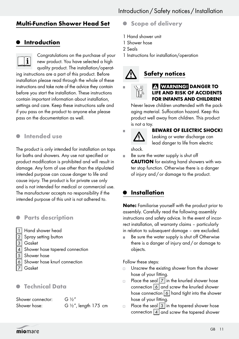 Introduction / safety notices / installation, Multi-function shower head set introduction, Intended use | Parts description, Technical data, Scope of delivery, Safety notices, Installation | Miomare Multi-Function Shower Head Set User Manual | Page 11 / 14