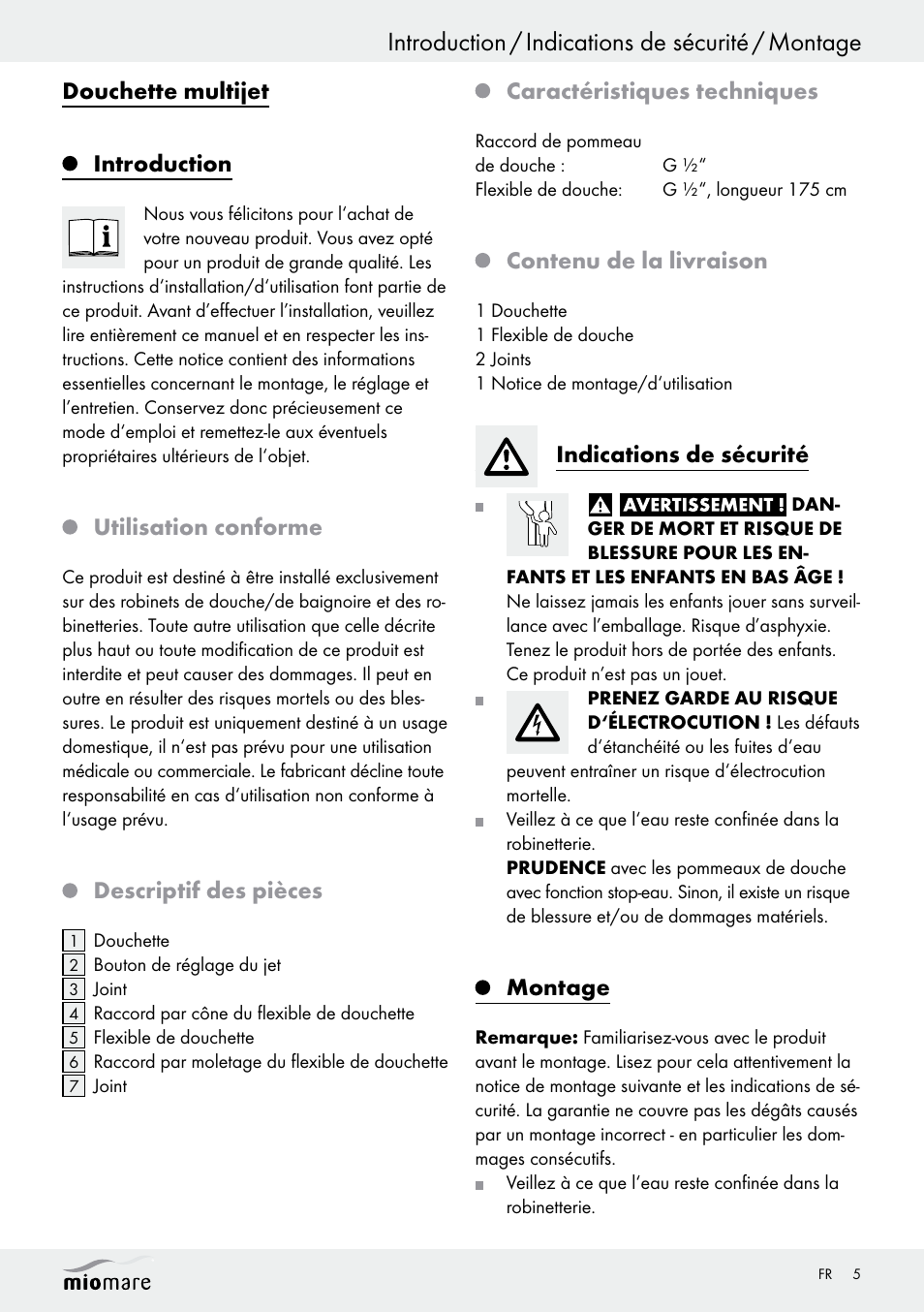 Introduction / indications de sécurité / montage, Douchette multijet introduction, Utilisation conforme | Descriptif des pièces, Caractéristiques techniques, Contenu de la livraison, Indications de sécurité, Montage | Miomare Multi-Function Shower Head Set User Manual | Page 5 / 14