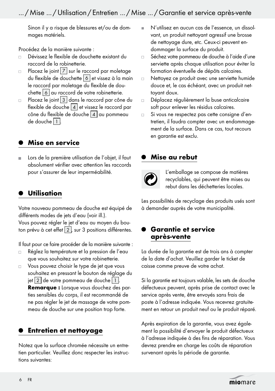 Mise en service, Utilisation, Entretien et nettoyage | Mise au rebut, Garantie et service après-vente | Miomare Multi-Function Shower Head Set User Manual | Page 6 / 14