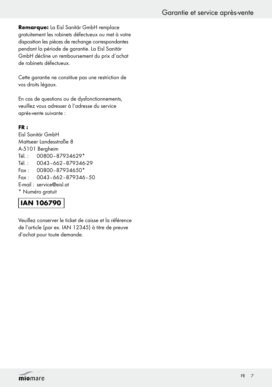 Garantie et service après-vente | Miomare Multi-Function Shower Head Set User Manual | Page 7 / 14