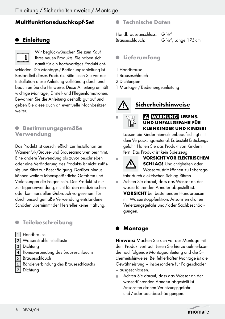 Einleitung / sicherheitshinweise / montage, Multifunktionsduschkopf-set einleitung, Bestimmungsgemäße verwendung | Teilebeschreibung, Technische daten, Lieferumfang, Sicherheitshinweise, Montage | Miomare Multi-Function Shower Head Set User Manual | Page 8 / 14