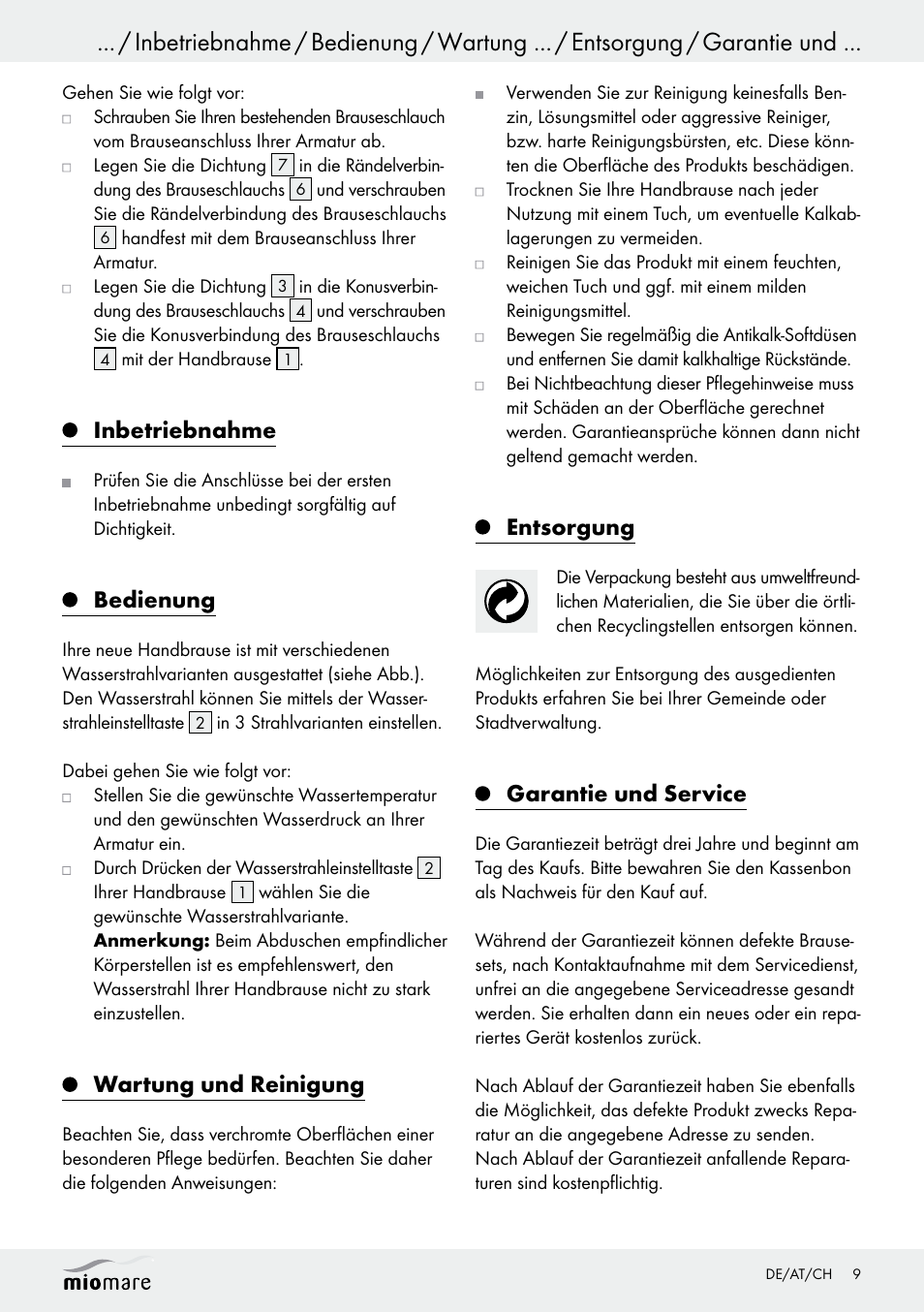 Inbetriebnahme, Bedienung, Wartung und reinigung | Entsorgung, Garantie und service | Miomare Multi-Function Shower Head Set User Manual | Page 9 / 14