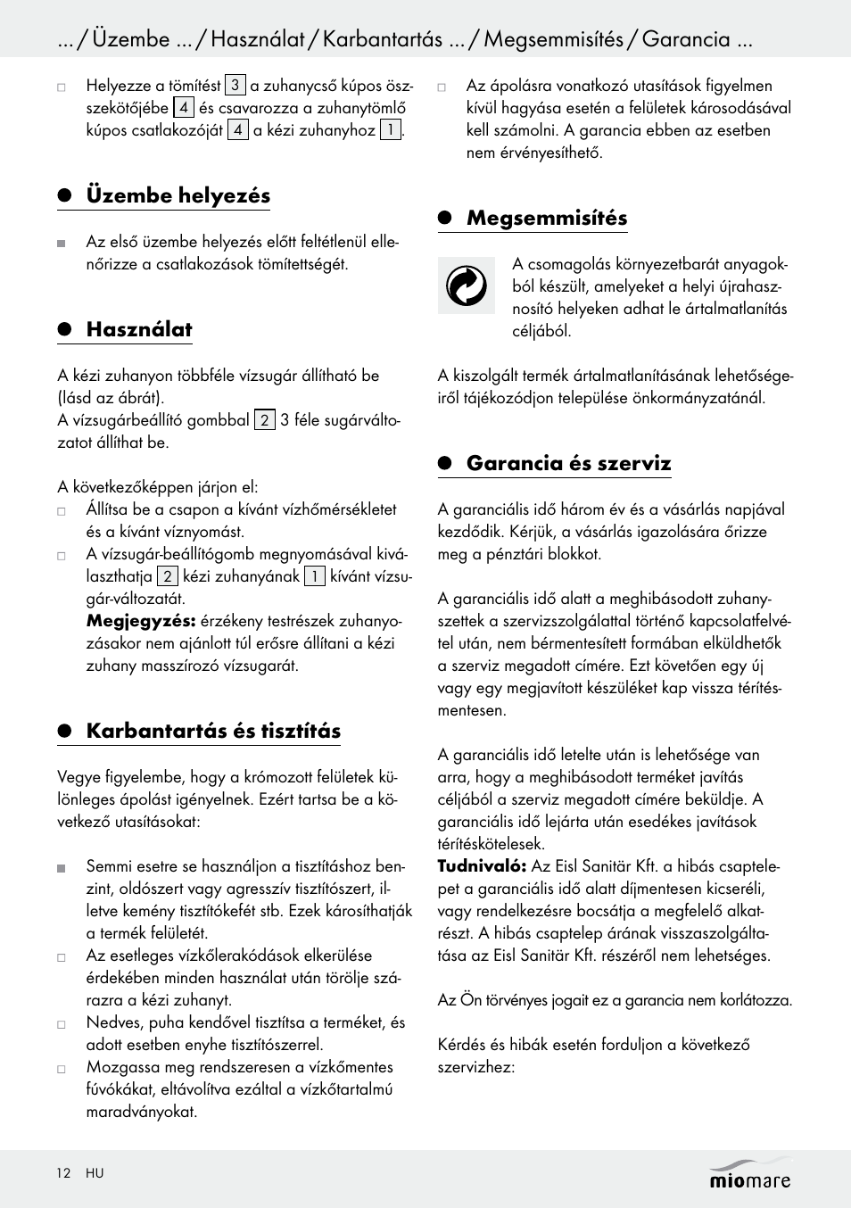 Üzembe helyezés, Használat, Karbantartás és tisztítás | Megsemmisítés, Garancia és szerviz | Miomare Multi-Function Shower Head Set User Manual | Page 12 / 25