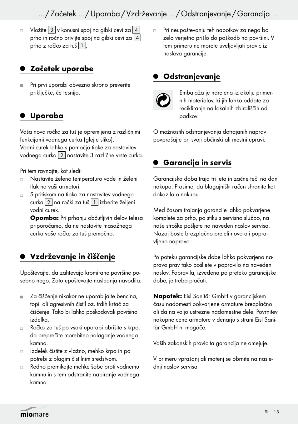 Začetek uporabe, Uporaba, Vzdrževanje in čiščenje | Odstranjevanje, Garancija in servis | Miomare Multi-Function Shower Head Set User Manual | Page 15 / 25