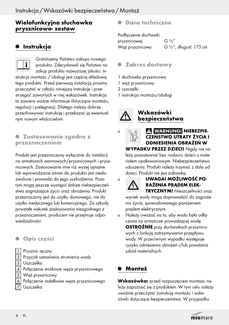 Instrukcja / wskazówki bezpieczeństwa / montaż, Zastosowanie zgodne z przeznaczeniem, Opis części | Dane techniczne, Zakres dostawy, Wskazówki bezpieczeństwa, Montaż | Miomare Multi-Function Shower Head Set User Manual | Page 8 / 25