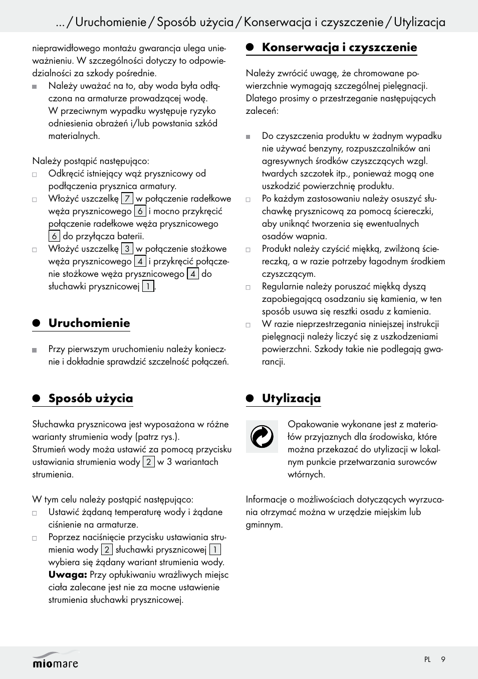 Uruchomienie, Sposób użycia, Konserwacja i czyszczenie | Utylizacja | Miomare Multi-Function Shower Head Set User Manual | Page 9 / 25