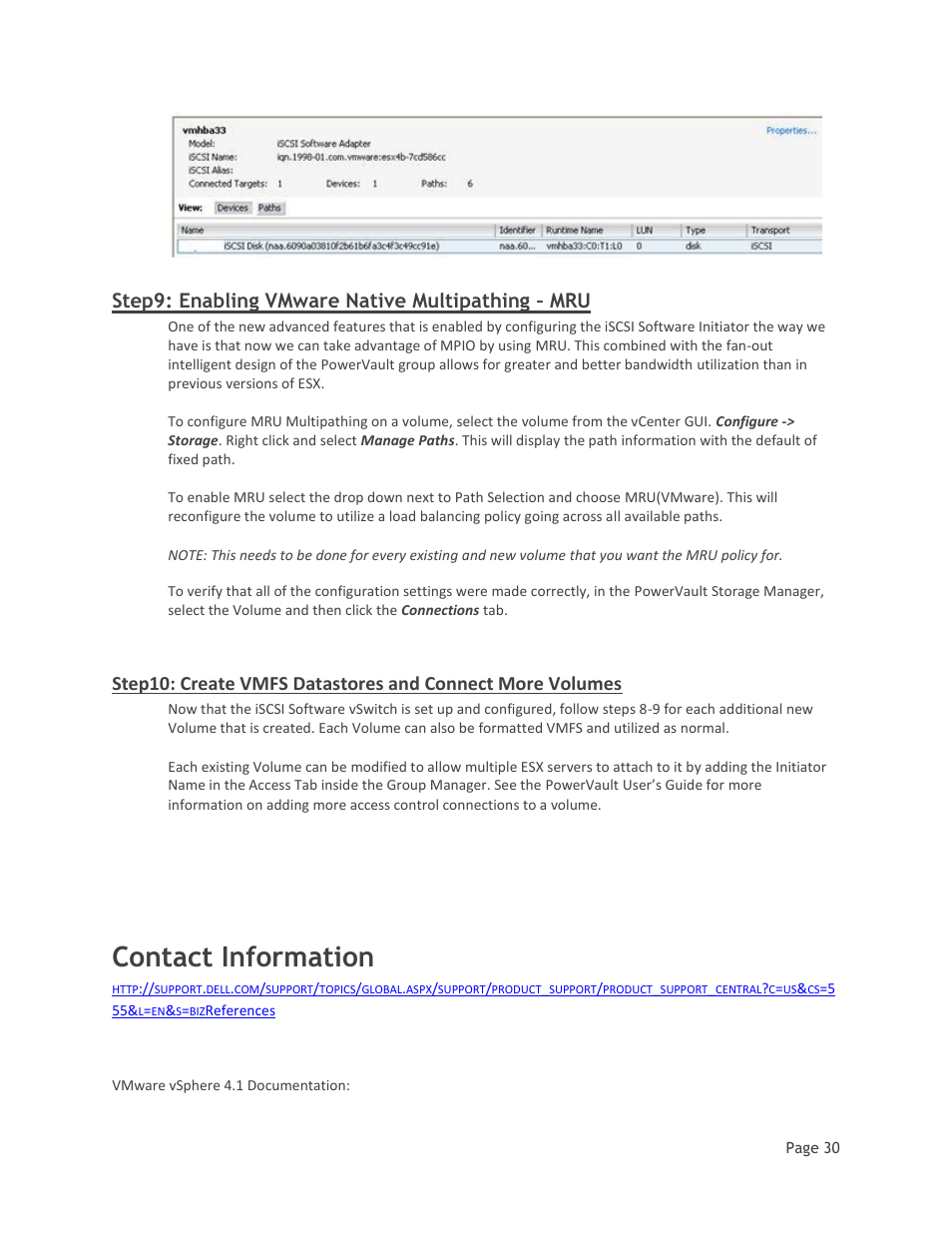 Step9: enabling vmware native multipathing – mru, Contact information | Dell MD32xxi User Manual | Page 32 / 41