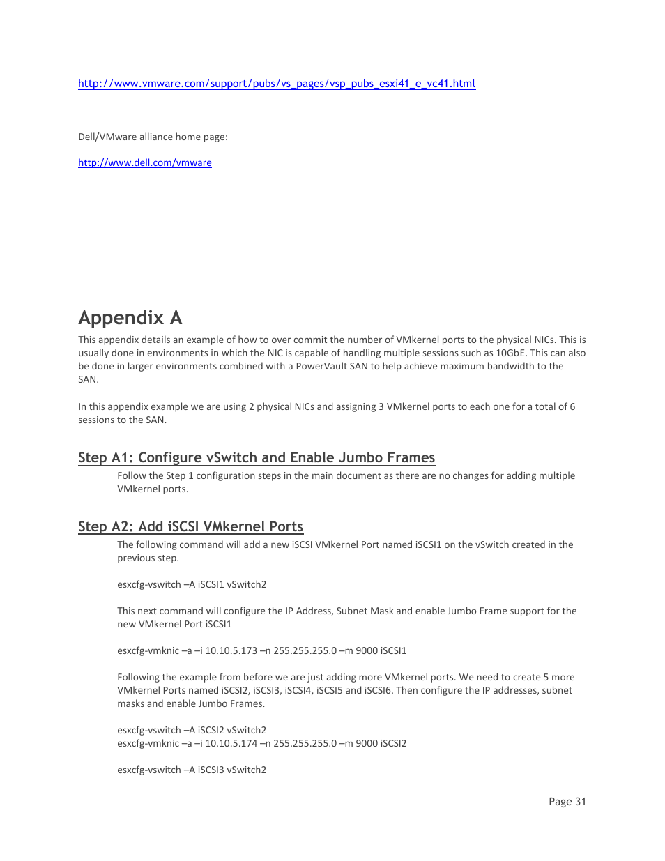 Appendix a, Step a1: configure vswitch and enable jumbo frames, Step a2: add iscsi vmkernel ports | Dell MD32xxi User Manual | Page 33 / 41