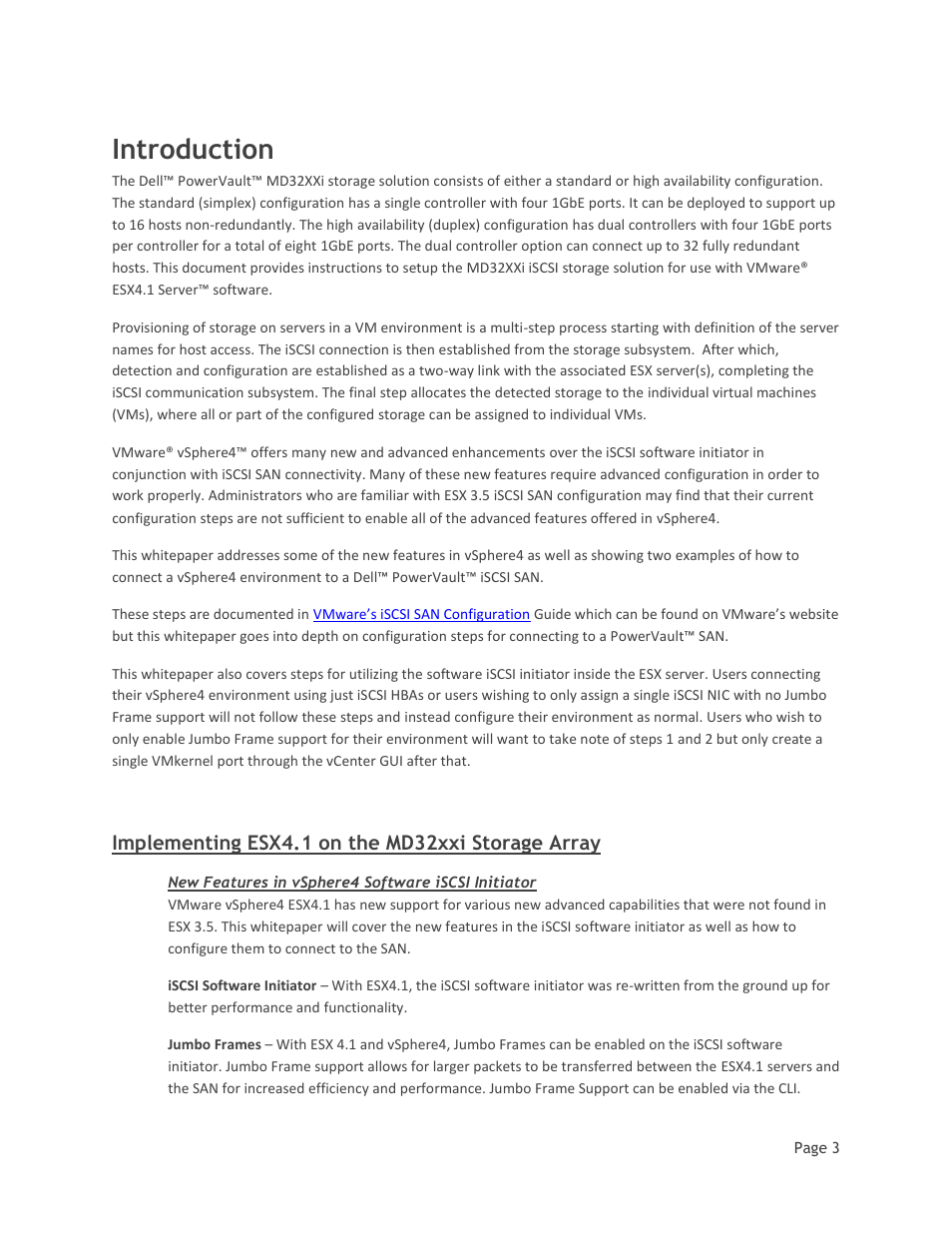 Introduction, Implementing esx4.1 on the md32xxi storage array, New features in vsphere4 software iscsi initiator | Dell MD32xxi User Manual | Page 5 / 41