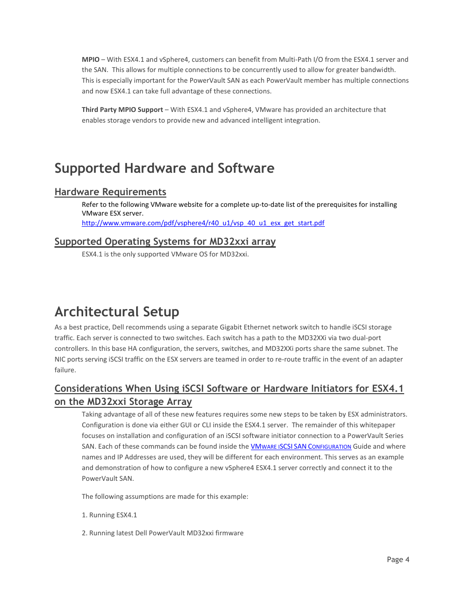 Supported hardware and software, Hardware requirements, Supported operating systems for md32xxi array | Architectural setup | Dell MD32xxi User Manual | Page 6 / 41