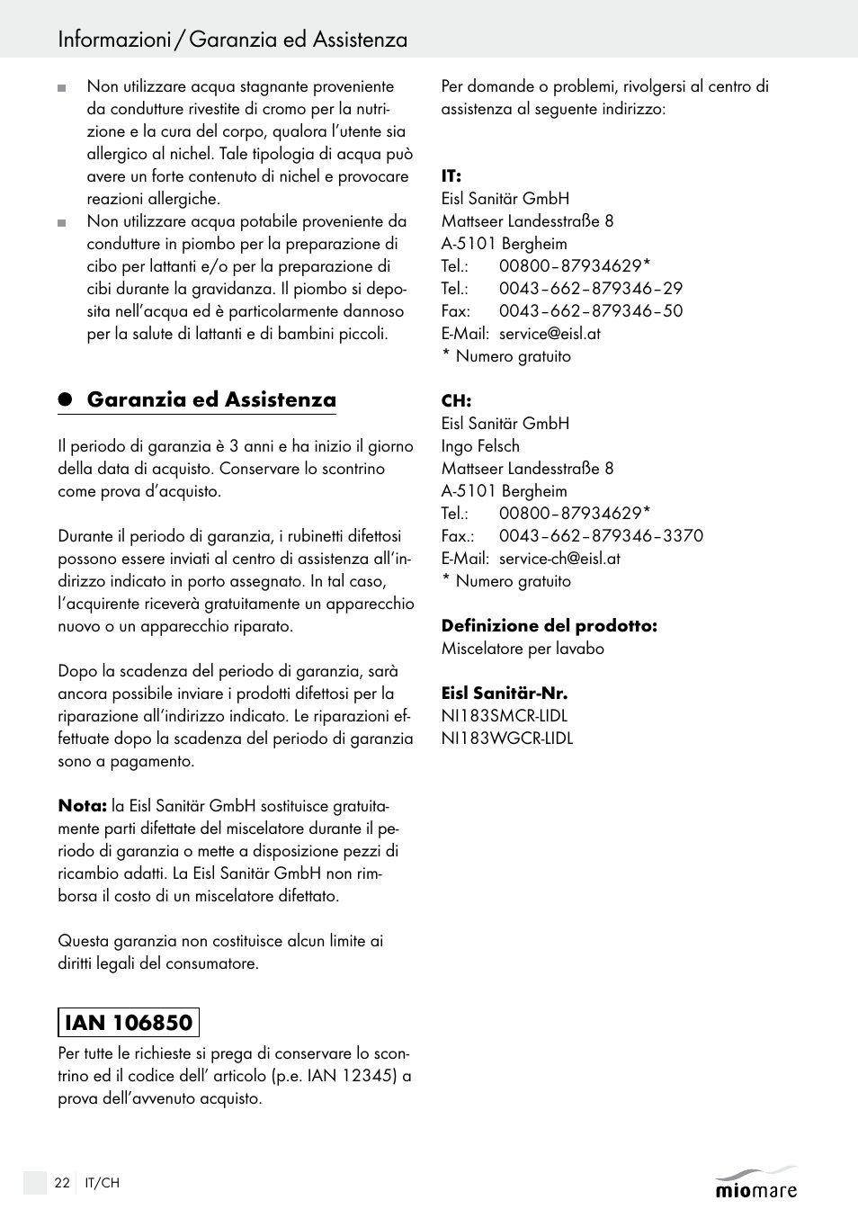 Informazioni / garanzia ed assistenza, Garanzia ed assistenza | Miomare Kitchen Mixer Tap User Manual | Page 22 / 29