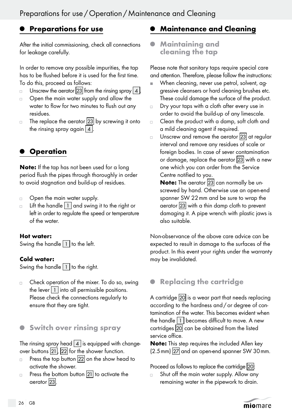 Preparations for use, Operation, Switch over rinsing spray | Replacing the cartridge | Miomare Kitchen Mixer Tap User Manual | Page 26 / 29