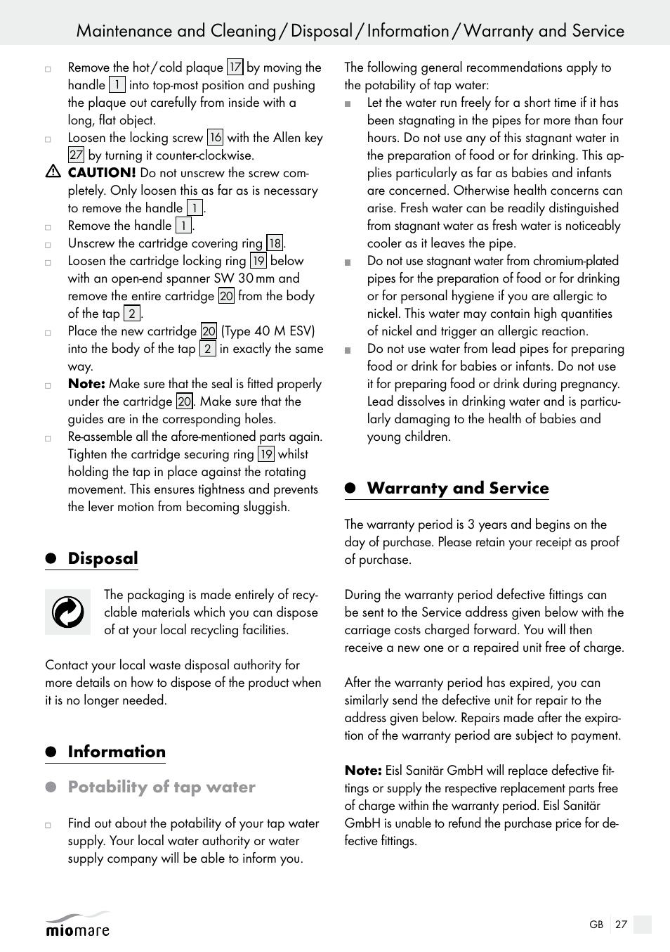 Disposal, Information potability of tap water, Warranty and service | Miomare Kitchen Mixer Tap User Manual | Page 27 / 29